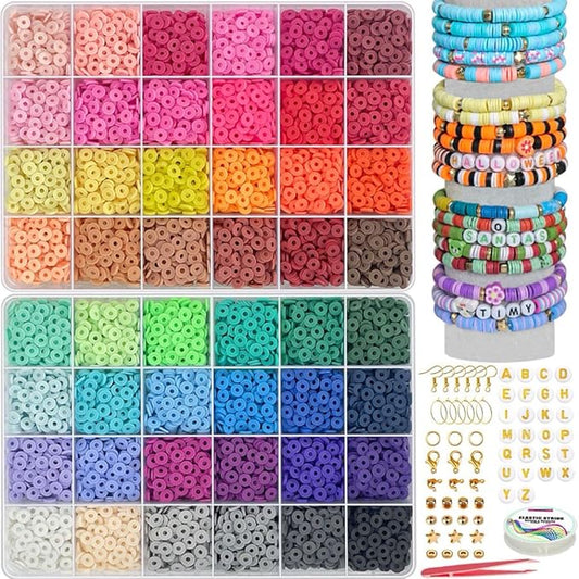 YMSDZHL 7100+PCS Clay Beads Bracelet Making Kit,48 Color DIY Flat Preppy Beads for Friendship Jewelry Making,Polymer Heishi Beads with Charms Gifts for Teen Girls Crafts for Ages 4-12 (7100+PCS)