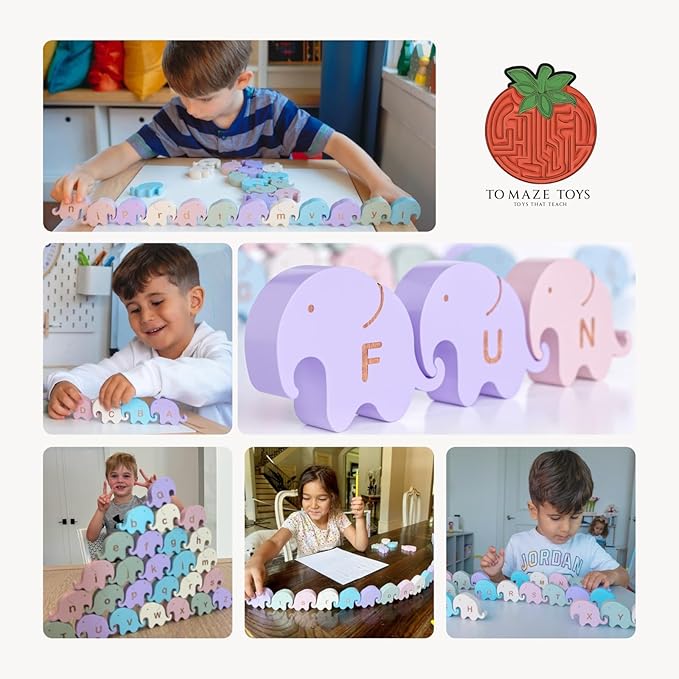 Montessori Natural Wooden Alphabet Elephants - 26-Piece Snap-Together ABC Learning Toy with Upper & Lowercase Letters - Educational Fine Motor Skills & Vocabulary Building for Toddlers & Kids Ages 3+