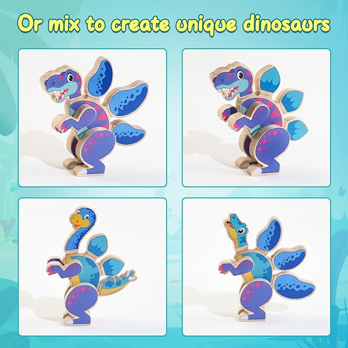 Magnetic Dinosaur Building Blocks, Wooden Dino Snap Blocks, STEM Take Apart Dinosaurs Playset, Montessori Fine Motor Skills Educational Learning Toy, Preschool Gift for 3 4 5 6 Years Kids