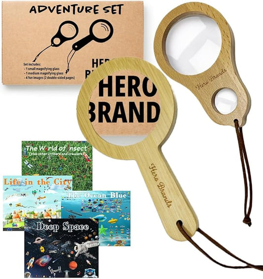 Adventure Set - 2X Wood Magnifying Glass for Kids with 4 Pictures - Wooden Montessori Toy - Learn and Explore
