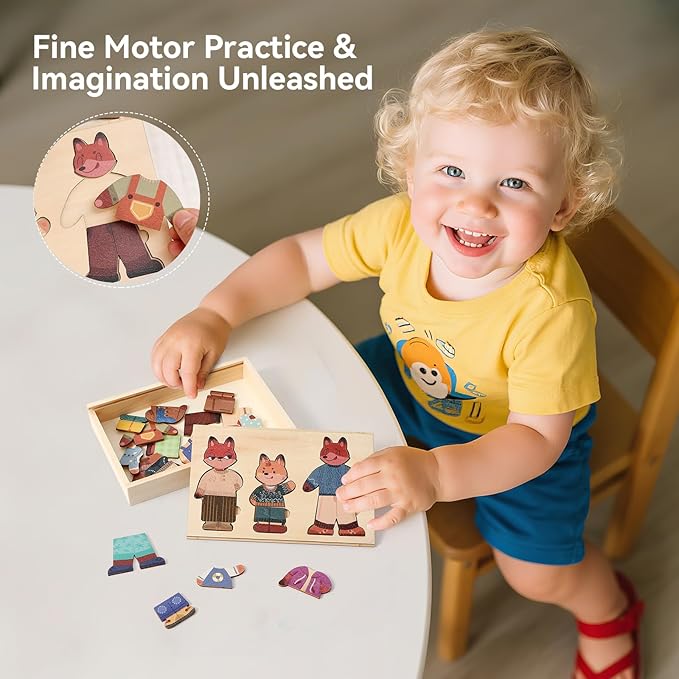 Wooden Puzzles for Toddlers Animal Dress-up Puzzle, Toddler Puzzles, Kids Learning Educational Montessori Toys for 3 4 5 Year Old, Gifts for Boys Girls(Family of 3)