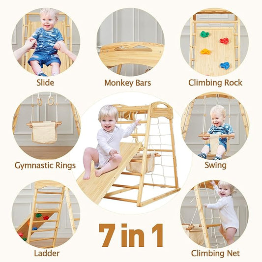 FUNLIO 7-in-1 Wood Indoor Playground for Toddlers 2-5, Montessori Climbing Toys with Solid Pine Wood, Indoor Jungle Gym for Kids with Swing/Slide/Climbing Rock/Net/Ladder/Monkey Bars/Gymnastic Rings
