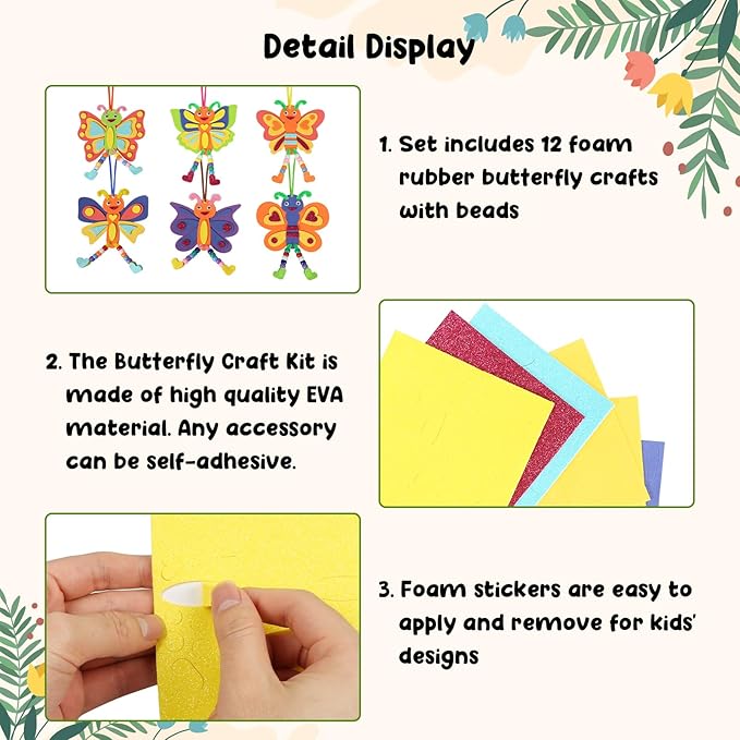 Fennoral 12 Pack Butterfly Craft for Kids Make Your Own Butterfly Foam Stickers with Beads DIY Arts and Crafts for Kids Boys Girls Party Favor Spring Summer Decoration Birthday Gifts