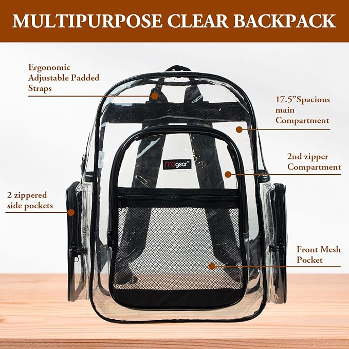 Wholesale 20-Pack Bulk Case Clear PVC Backpacks Bundle includes Black, Orange, Purple, and Green Trim, 17" Transparent School Approved Backpack, Daypack, Stadium Bag, Bookbag