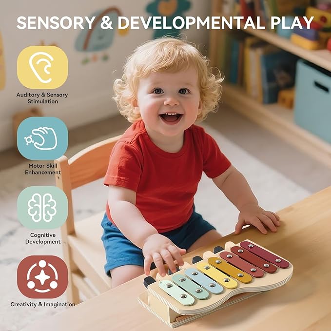 2-in-1 Piano Xylophone Wooden Musical Toy for Toddlers 1-3, Educational Musical Learning Instruments with 8 Colorful Keys, 5 Classic Song Sheets, Montessori Sensory Music Set for Girls Boys