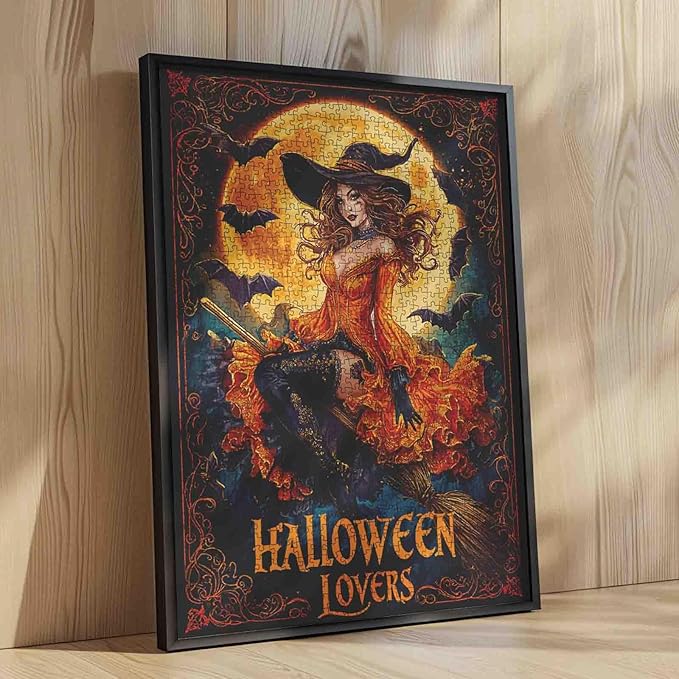 Halloween Witch Puzzle 1000 Pieces for Adults Sexy Witch on Broom Jigsaw Full Moon and Bats Fantasy Halloween Puzzles Fall Decor Fun Challenging Puzzle Gift for Women Men Family Game Nights