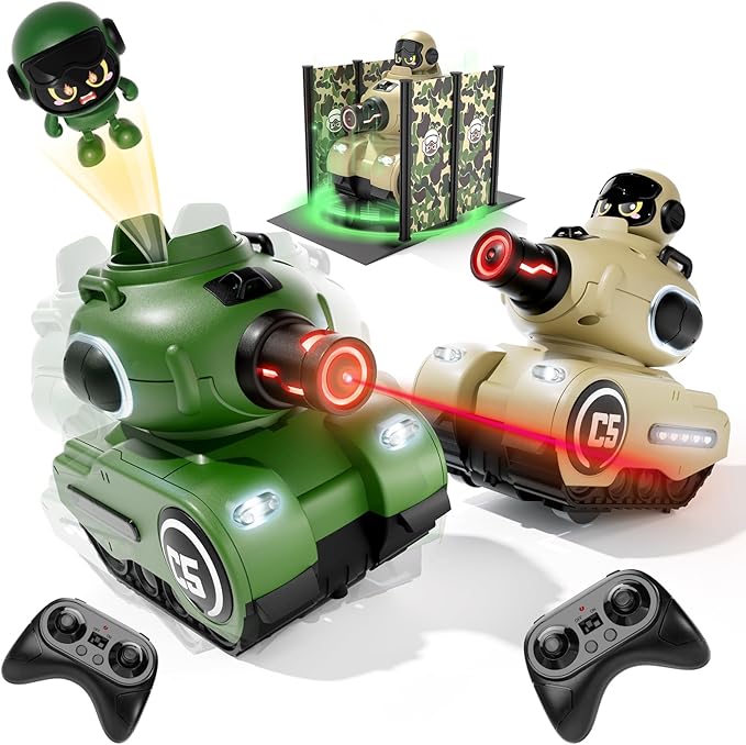 2 Pack Cute Cartoon Remote Control Battle Tanks with Laser tag|Hobby RC Cars Shoot to Ejected Out|Military Army Toys for 6 7 8 Year Old Boys Girls | Christmas Birthday Gifts for Toddler