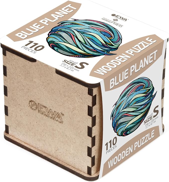 Eco-Wood-Art Wooden Puzzle - Blue Planet S | Unique Round Jigsaw Puzzle for Adults | 3D Earth Globe Decor | 110 Intricate Pieces | Eco-Friendly Home Decor Gift