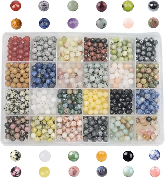 960pcs Natural Stone Beads Crystals Round Genuine Real Stone Beading Loose DIY Gemstone for Bracelet Jewelry Making(6mm,24 Color)