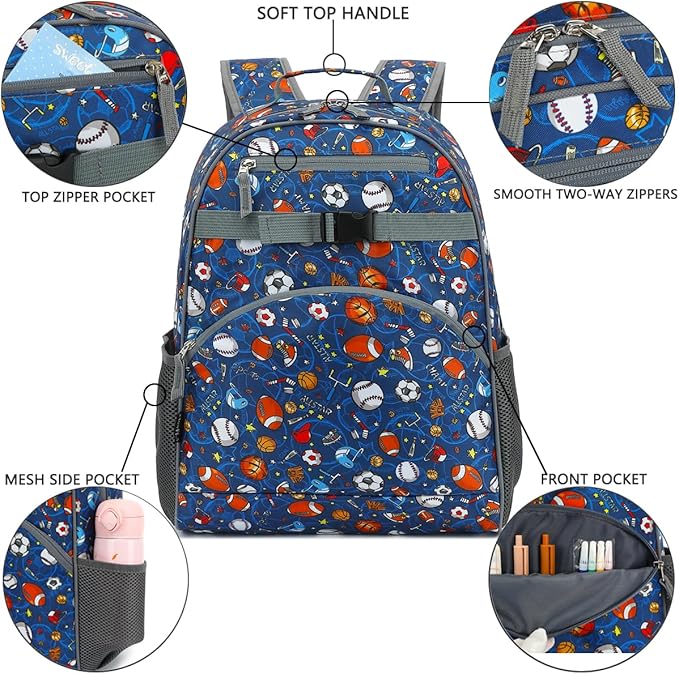 FlowFly Kids Backpack for Toddler Boys Girls, Simple Lightweight Bookbag for Daycare Kindergarten Elementary School Travel, Small Modern Bag (Large), Football