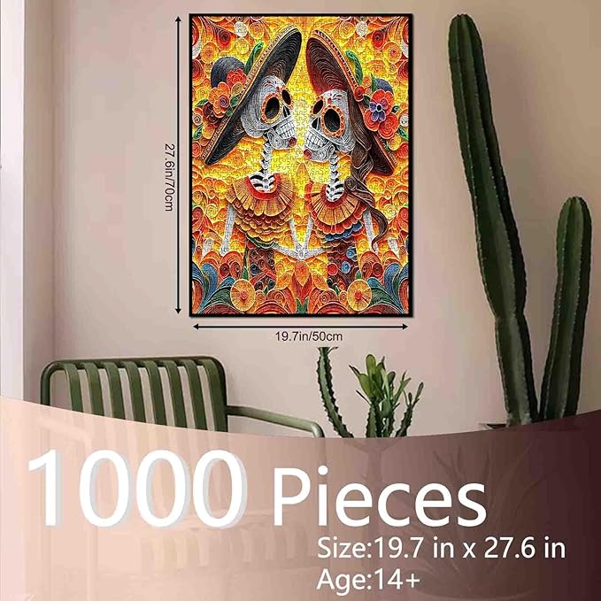 Tucocoo Skeleton Couple 1000 Piece Puzzle for Adults, Vibrant Skull Lover Colorful Paper Art Jigsaw Puzzle Fun Challenging and Decorative Puzzle for Stress Relief Family Game Night Home Decor Gift