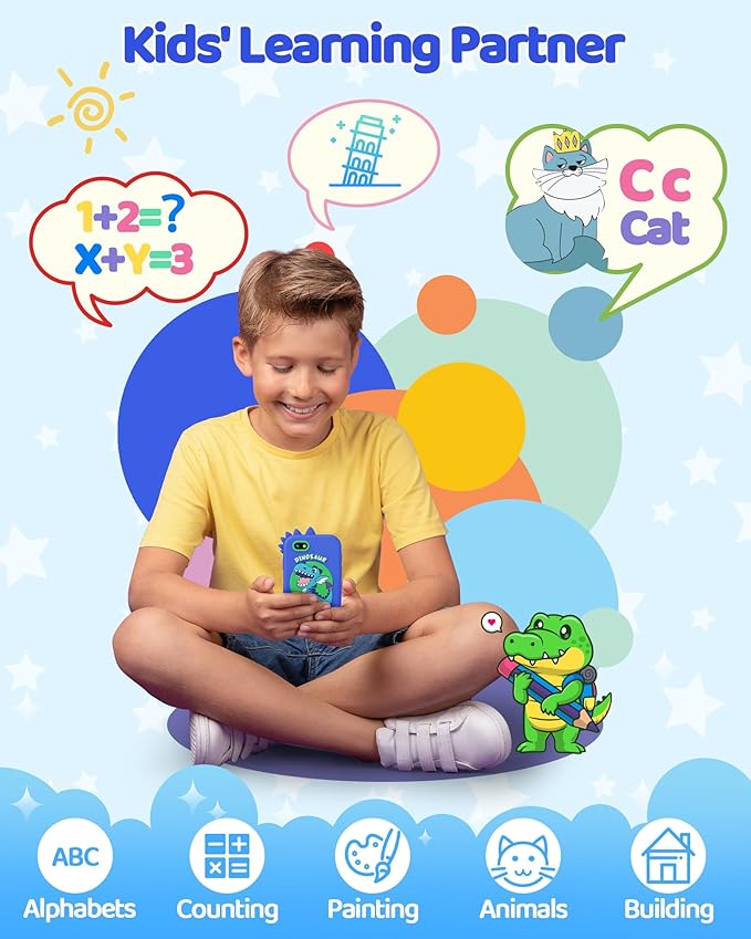 KOKODI Kids Smart Phone Toys, Touchscreen HD Dual Camera Cell Phone for Kids, Birthday Gifts Dinosaur Toddler Play Phone for Boys 3-10, Travel Learning Toy for Kids with 8GB SD Card(Navy Blue)