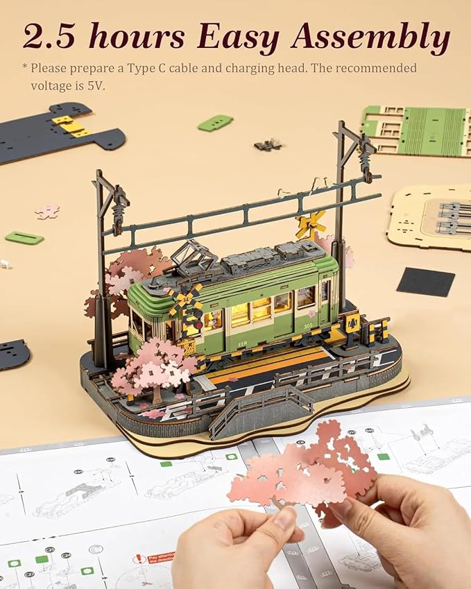 3D Wooden Puzzle Model Kit, LED Light Tram with Cherry Blossoms, 223 Pieces, 6.57 x 5.51 x 9.13 inches