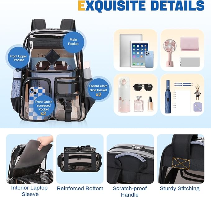 Clear Backpack for School,Heavy Duty PVC Transparent Bookbag for Girls Stadium Approved See Through Backpack