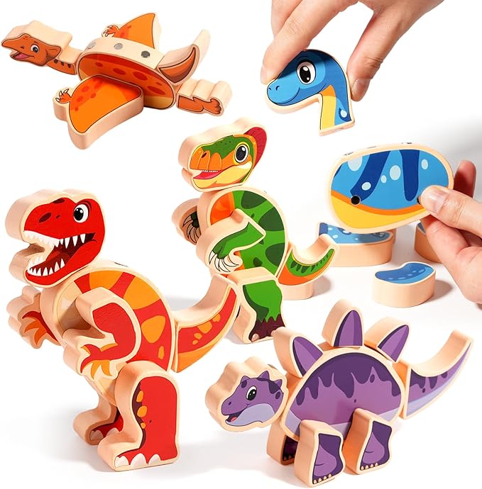 Wooden Take Apart Dinosaur Blocks Playset,Magnetic Dinosaur Building Toys,STEM Montessori Educational Fine Motor Skill Learning Birthday Gift for 3 4 5 6+ Years Old Boy Girl Kids