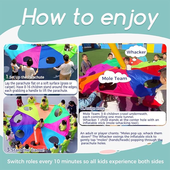 10 FT Rainbow Play Parachute Mole Game with 9 Holes, Indoor/Outdoor Fun for Kids, Families, Schools, Includes 3 Inflatable Sticks & 1 Pump, Perfect for Team Building, Group Activities
