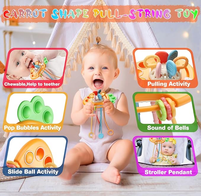 Baby Toys 6 to12 Months, 7 in-1 Montessori Toy for 6-9-12-18 Month Old with Pull String Toy, Sensory Bin Toys, Stacking Baby Blocks & Soft Infant Ring & Sensory Ball, Stacking Cups for Toddler Gift