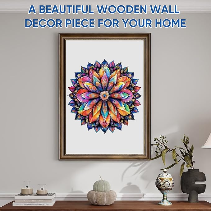 Wooden Puzzle Geometric Colorful Mandala 200 Pieces Round Blue Board Colorful Mandala Jigsaw Puzzle Royal Unique Shape Puzzles, Irregular Puzzle Creative Gift for Adults(11.2 * 11.2 in)