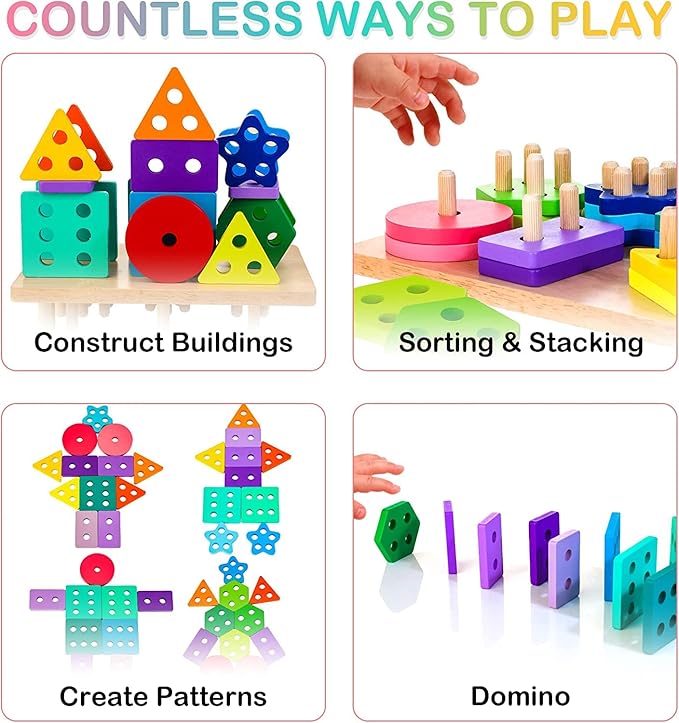 Wooden Sorting & Stacking Toys, Montessori Toys for 1 2 3 Years Old Toddlers, Shape Sorter Puzzles with 24-Piece Large Geometric Blocks & 12 Word Cards, Gift for 12+ Months Baby Boys Girls