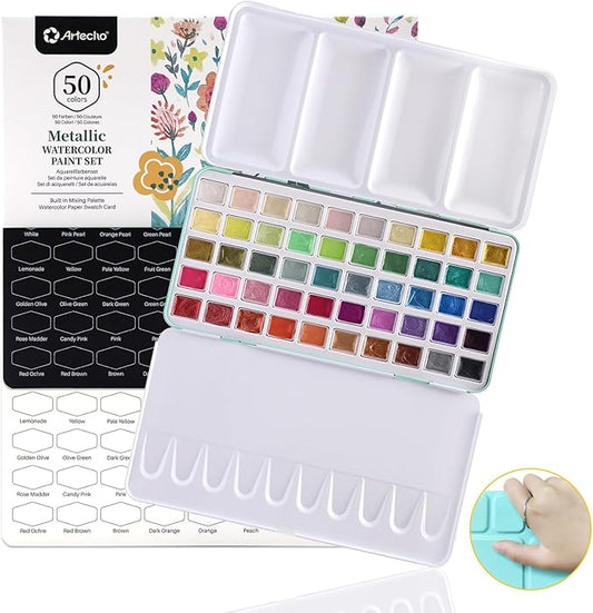 Artecho Metallic Watercolor Paints, 50 Glitter Watercolor Paint Set, Water Colors Paint Adult Set with Bottom Ring for Easy Holding, Ideal for Amateur Hobbyists, Painting Lovers and Artists
