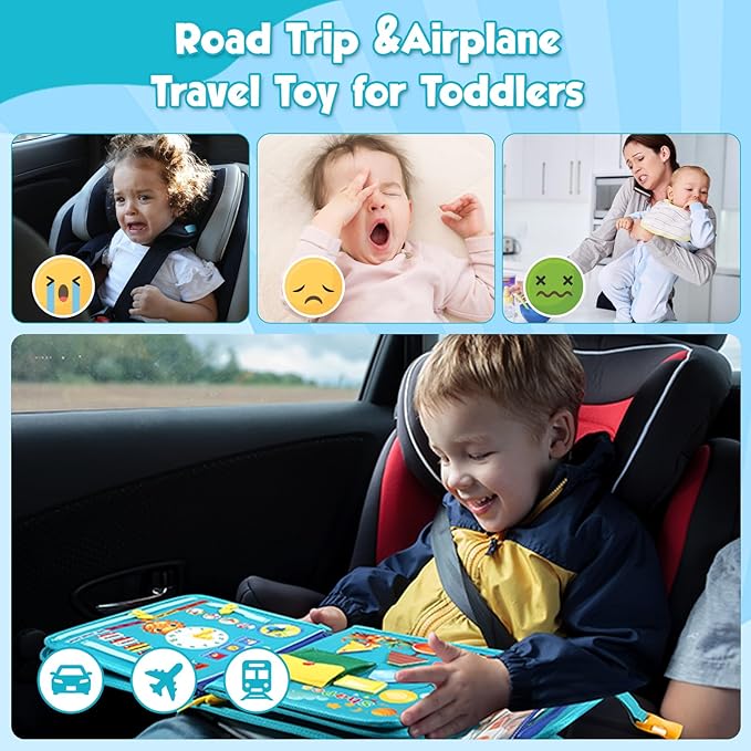 FREYBLI Toddler Busy Board, Montessori Toys for Boy Birthday Gift, Educational Quiet Activity Busy Book for Toddlers, Airplane Car Travel Toys