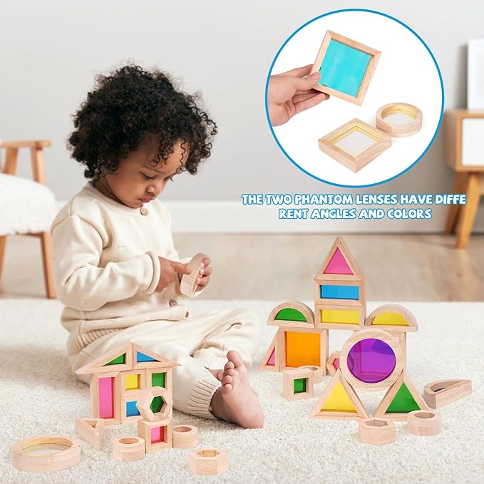 Wooden Rainbow Building Blocks for Kids 32 Pcs Rainbow Stacker Stacking Blocks Game Colorful Construction Toys Preschool Learning Educational Toys -Geometry Wooden Blocks for Boys & Girls