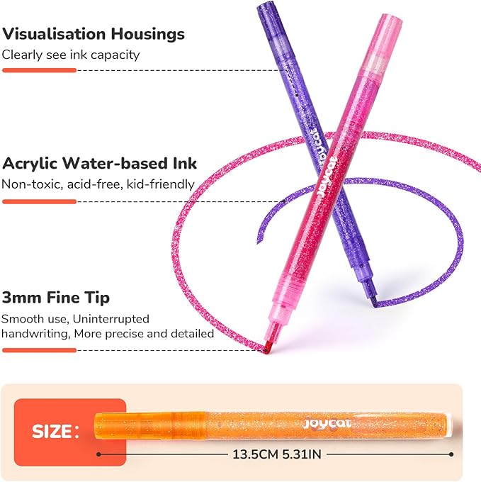 JoyCat 3mm Medium Tip Glitter Markers - 12 Vibrant Colors (Red to Pink) | 3ml High-Capacity Ink | Multi-Surface Paint Pens for Rock, Wood, Fabric, Glass | Gift for Kids DIY Crafts