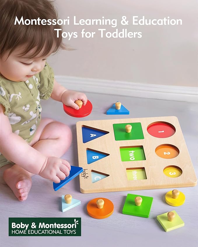 Montessori Puzzles for Babies 12-18-24 Months, Wooden Jumbo Knob Peg Puzzle Shape sorter for Toddlers 1-3 Year Old, Early Learning Sensorial Toys (Shapes & Size Sorting Puzzle)