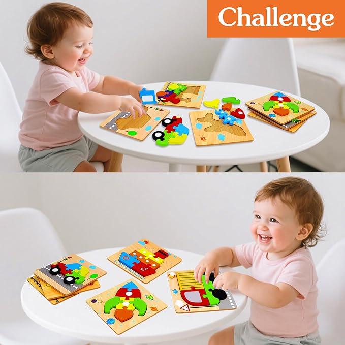 Wooden Puzzles Toys for Ages 2-4, Toddler Puzzles Toys Gifts for 1 2 3 Years Old Boys Girls, 6 Pack Vehicle Shape Montessori Learning Toy for Kids Babies Toddlers 1-3 2-3 12 18 Months