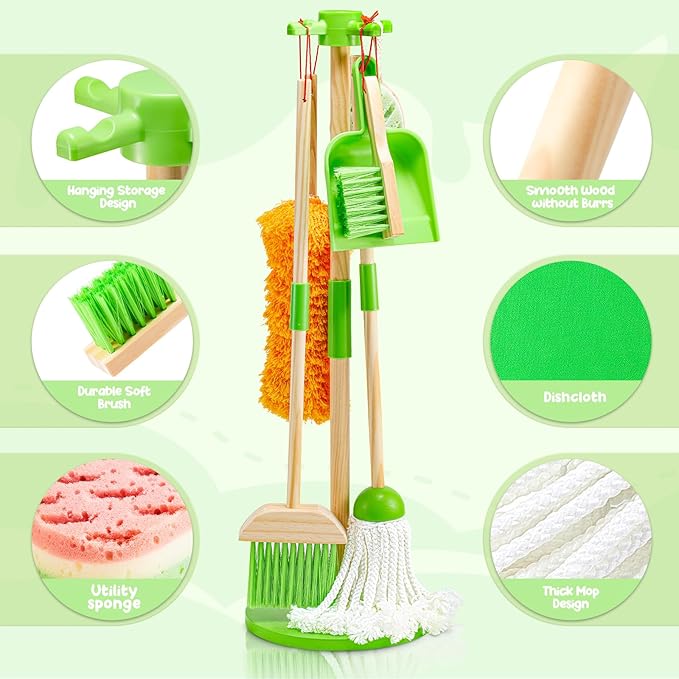 WHOHOLL Wooden Kids Cleaning Toy Set Toddler Broom Set for Housekeeping 8 Pcs Broom and Mop Set for Toddlers 3-5, Baby Cleaning Toys with Dustpan Sponge, Birthday Gifts for Boys and Girls (Green)