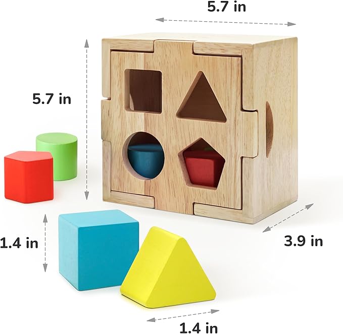 Bimi Boo Wooden Shape Sorter Toy for Babies - Premium Simple Sorting Box with Noise-Reducing Silicone Pad - Classic Montessori Toy for Toddlers (8 Various Blocks, 1 Box, 1 Silicone Pad)