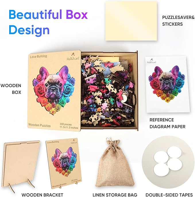 Ruikiyart Wooden Puzzles for Adults, 5MM 500 Pieces Love Bulldog Wooden Jigsaw Puzzles, Unique Shapes Pieces Dog Puzzle Gift for Kids and Adults on Birthday,Thanksgiving,Christmas (16.7"x16.9")