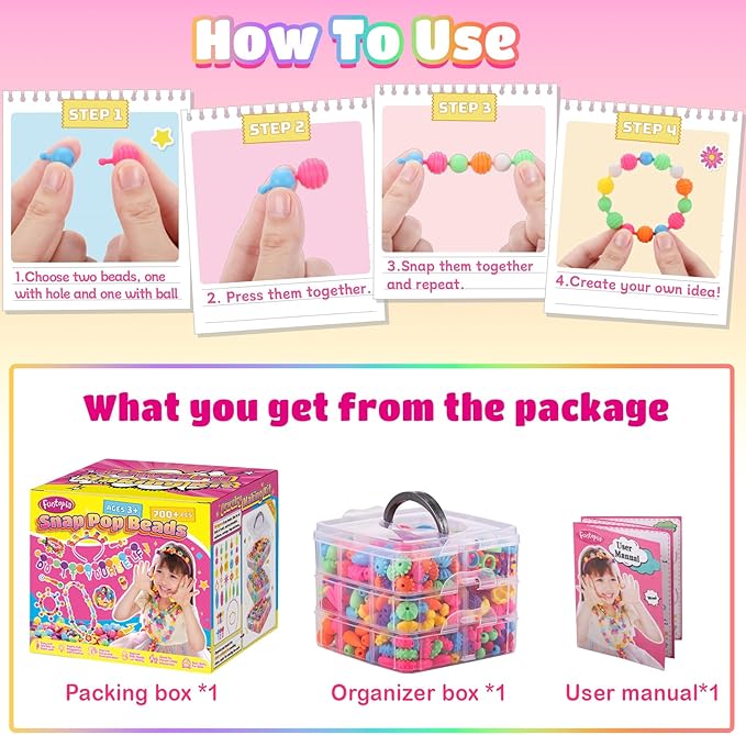 Funtopia Pop Beads, 700+ Pcs Arts and Crafts for Kids 4-6, Snap Beads DIY Bracelet Necklace Ring Anklet Set, Birthday Party Creativity Toys for Girls Toddlers Ages 3 4 5 6 (X-Large)