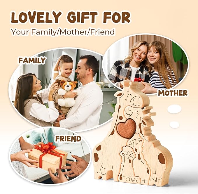 Wooden Giraffe Family Puzzle Games, Personalized 4 Name Puzzle for Home Crafts Decor, House Warming Birthday Party Gifts for Mom Dad Grandma Kids New Baby, Wooden Bear Family