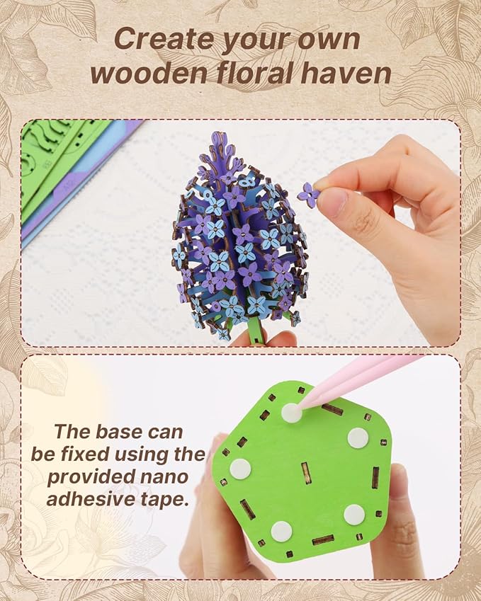 Welsky 3D Lilac Wooden Puzzles for Adults, DIY Wooden Flower Craft Kit, Artificial Flowers Model Kit to Assemble for Adults.(3.25 * 2.9 * 9.48 in 168PCS)