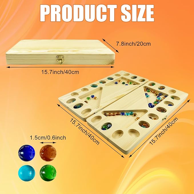 4-Player Mancala Board Game, Foldable Solid Wood with 110 Multi-Coloured Glass Beads, Instruction Manual, Non-Slip Mat,Suitable for Family Party Travelling Adults Puzzle Interactive Game.