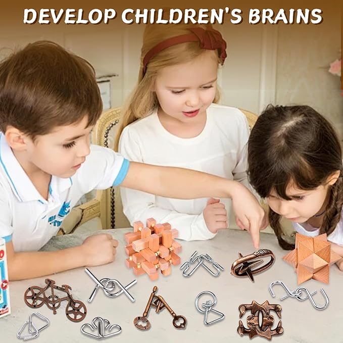 Rileryan 16 PCS Wooden Metal Brain Teasers for Adults 3D Brain Teasers Wooden Cube