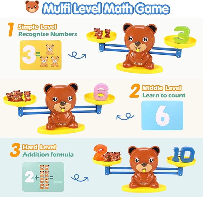 REMOKING Bear Balance Game, Funny Math Counting Toy with Numbers, Little Bears, Game Cards, Coins, Great Gifts for Kids 3 Years and up