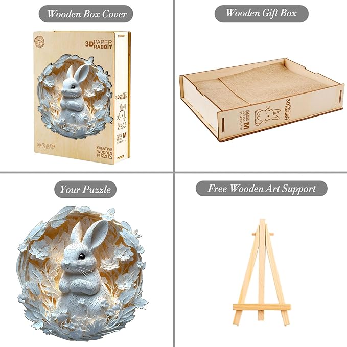 KAAYEE Wooden Puzzles for Adults, 3D Vision Effect Paper Rabbit Wooden Jigsaw Puzzles 200PCS Unique Shape Advanced Wood Puzzle Adult, 3D Effect Flat Puzzle Birthday Gifts Family Game (M-11.4 * 11.1in)