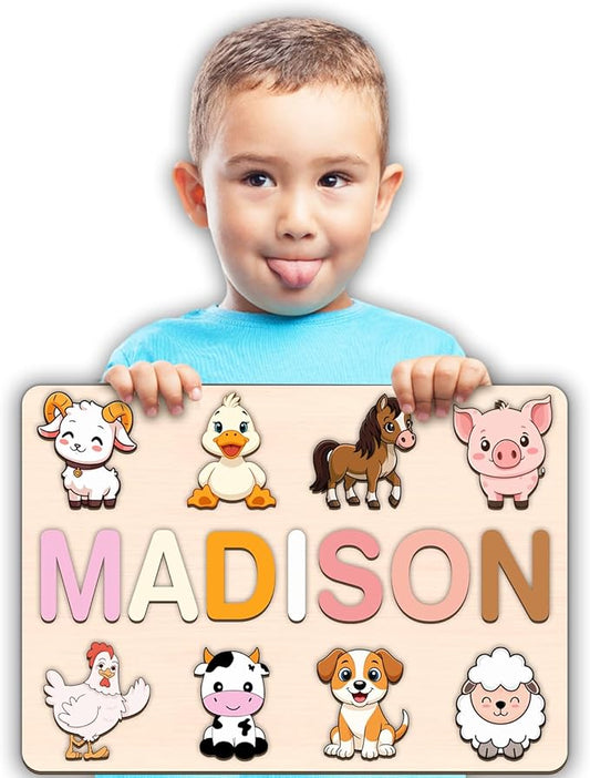LOVELYPOD Personalized Name Puzzle for Kids, Custom Name Puzzles for Toddlers 1-3 Animal Puzzle, Customized 1st Birthday for Girls & Boys Wooden Toys for Kids, for New Baby - Style 6