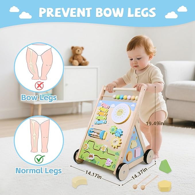 Wooden Baby Walker with Wheels, Montessori Baby Push Walker for Babies 6-12 Months, Baby Activity Center Walking Toy for 1 Year Old Learning to Walk Toddler Girls Boys
