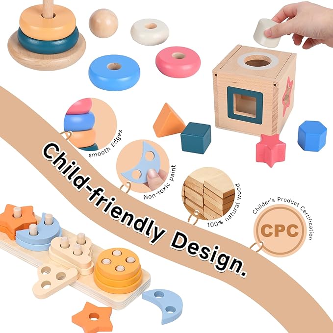Wooden Montessori Toys for 1 Year Old, 4-in-1 Educational Sensory and Baby Learning Toys for Toddlers Aged 1-3, Boy and Girl's Best Gifts for Birthday (Log)