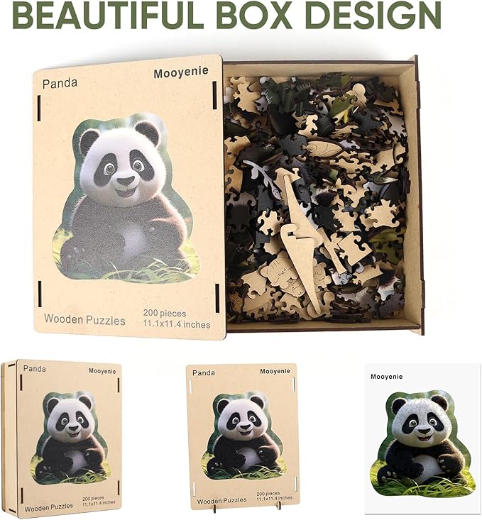 Wooden Jigsaw Puzzle, 200 Pcs Unique 3D Shape Jigsaw Puzzles, Wood Puzzle Gift Box Packing, Medium Size Letter, Creative Gift for Adults and Kids, Fun Challenging (200PCS, Panda)