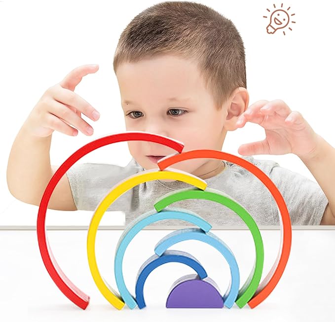 Wooden Rainbow Stacking Toy, Large Wood Arch Game, Montessori Building Blocks - Colorful Stacking Blocks Puzzles for Kids 3-5 Years Old, 8 Layers