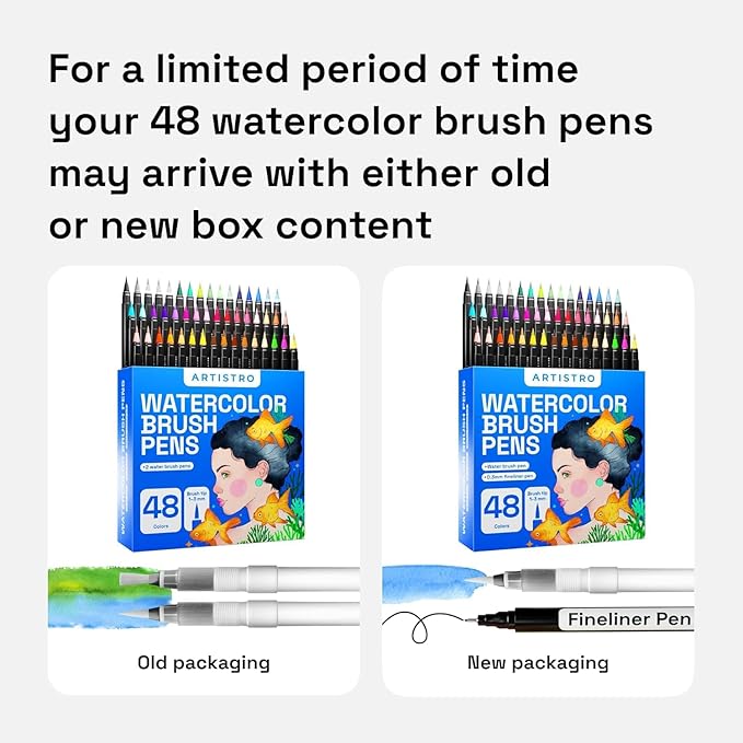 ARTISTRO 48 Watercolor Markers with Flexible Paint Brush Pens for Pros & Beginners - Consistent, Smooth, Bright, Washable, Non-Toxic, Ideal for Coloring, Calligraphy, & Manga