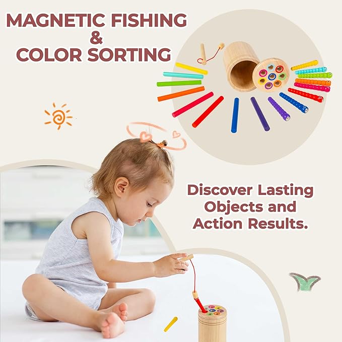 Wooden Montessori Toys for Toddlers 1-3, 2-in-1 Color Sorting & Magnetic Fishing Game, Fine Motor Skills Sensory Activities, Preschool Learning Educational Gifts for Boys and Girls