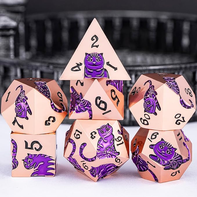 Metal DND Cat Dice 7PCS Polyhedral RPG Dice Set with Gift Case for Dungeons Dragons Role Playing Game, D and D Dice D6 D8 D10 D12 D20 D% (Copper Purple)