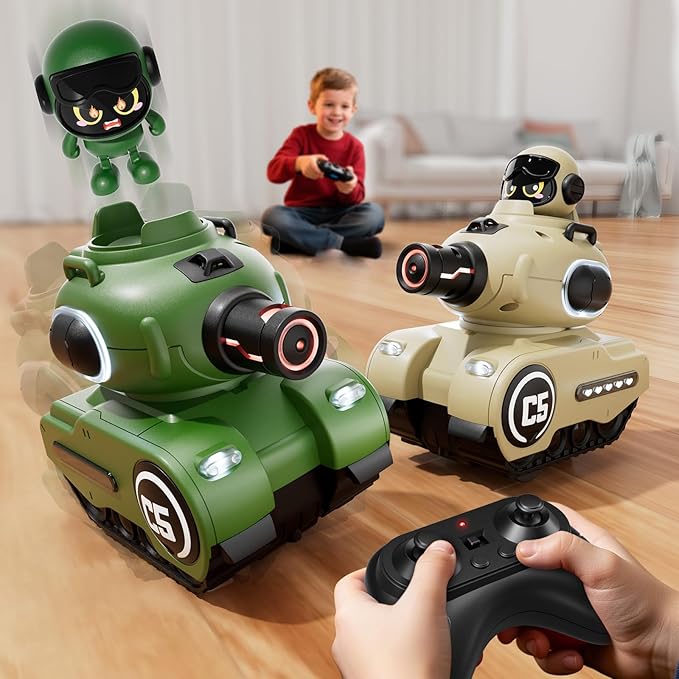 2 Pack Cute Cartoon Remote Control Battle Tanks with Laser tag|Hobby RC Cars Shoot to Ejected Out|Military Army Toys for 6 7 8 Year Old Boys Girls | Christmas Birthday Gifts for Toddler