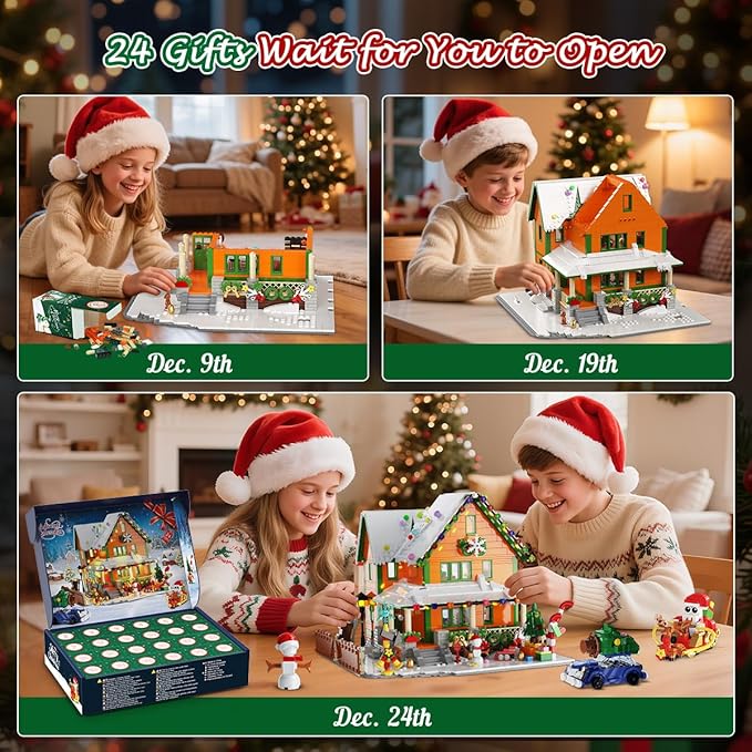 Advent Calendar 2025 Christmas House Mini Building Set with Light, 24 Days Countdown Snow Village Building Block Kit with Santa Claus Sleigh, Holiday Building Toy Gift for Adults Boys Girls 14+