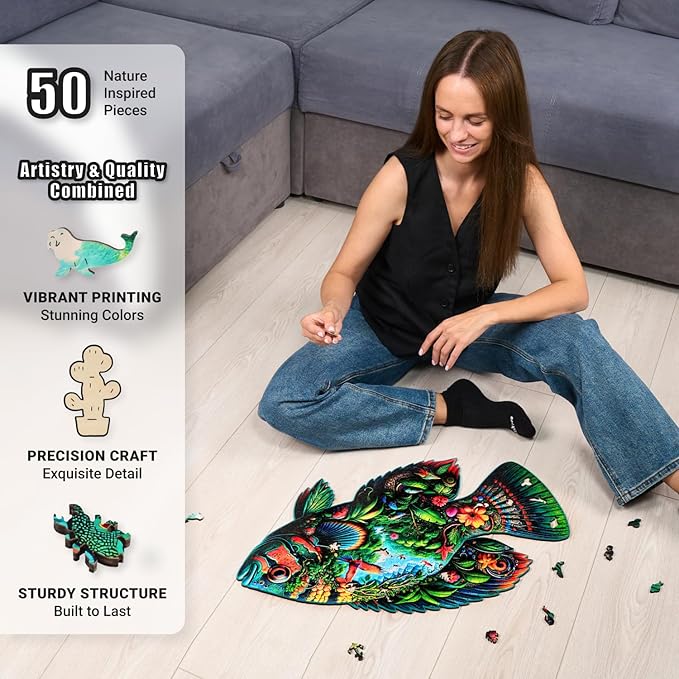 LEOGOR Wooden Jigsaw Puzzles for Adults 500 Pieces (24.8 x 15 in), Fish Shaped Puzzle, Large Sea Life Scene, Beautiful Animal Shapes, Extra-Thick 5mm Wood Puzzle Pieces, Unique Gift for Family Fun